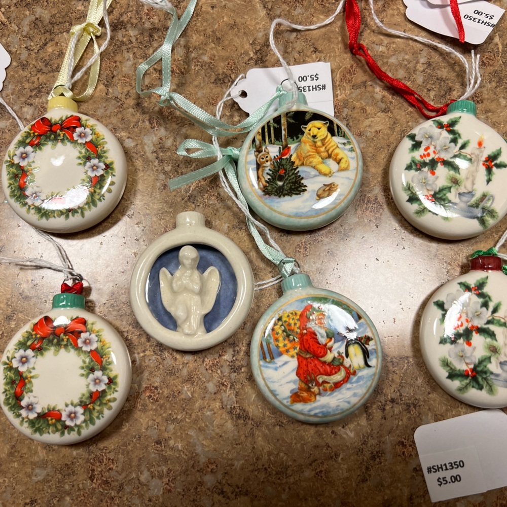 Set of 7 Handmade Round Slim Ceramic Christmas Ornaments